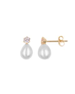 Boucles D'Oreilles Perles De Culture - Or Jaune - Serties D'Un Zirconium - Femme