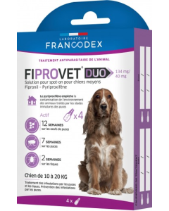 Francodex - Fiprovet Duo 134 Mg/40 Mg - 4 Pipettes De 1,34 Ml - 10 Ã  20Kg