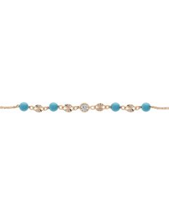 Bracelet Argent Et Dorure Jaune Pastille Diamantée Et Boule Verre Turquoise 16+3Cm