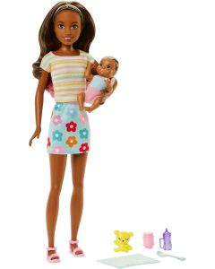Barbie Coffret Poupã©E Skipper Baby-Sitter Brune, Avec Figurine De Bã©Bã© Et 5 Accessoires