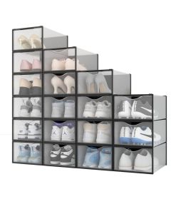Lot De 18 Boîtes À Chaussures/Rangement Transparentes Noires Empilables En Plastique 33.4X23X14.5Cm
