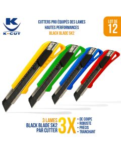 Keli - Lot De 12 Cutters 4 Couleurs Pro 18Mm Avec 2 Lames Supplémentaires Par Cutter Black Blade Sk2 (Durée De Vie 3 Fois Supérieure)